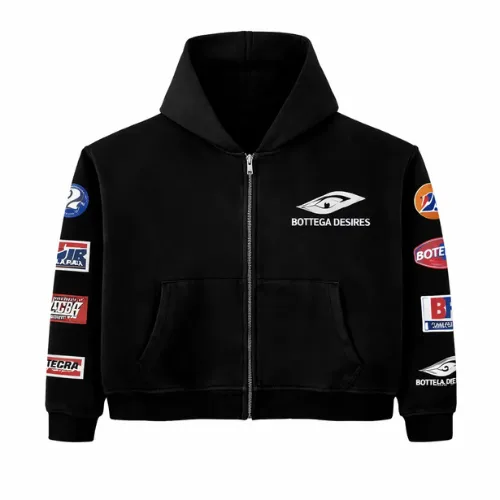 Shop Bottega Desires BDR Patches Jacket Black featuring bold patch details, sleek black design, and a modern streetwear-inspired fit.